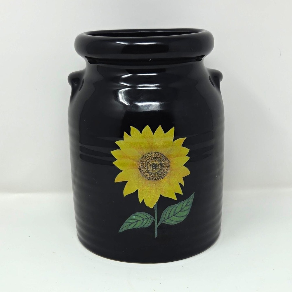 Black Ceramic Pottery Crock Jar Sunflower Canister Vintage Country Farmhouse 7"